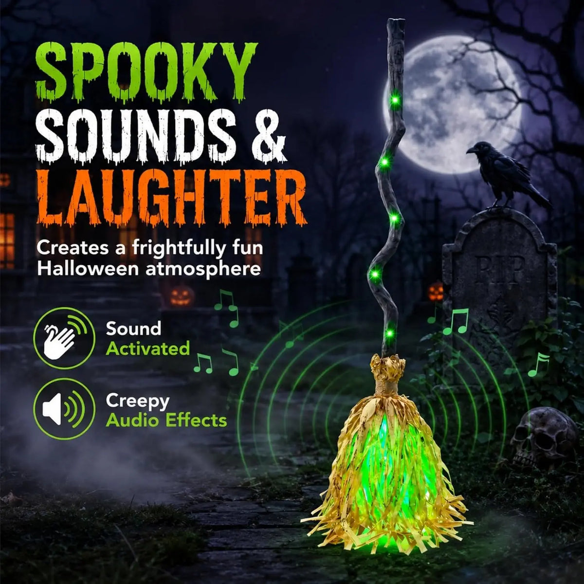 Moving Witch Broom π | Sound & Light Halloween Decoration
