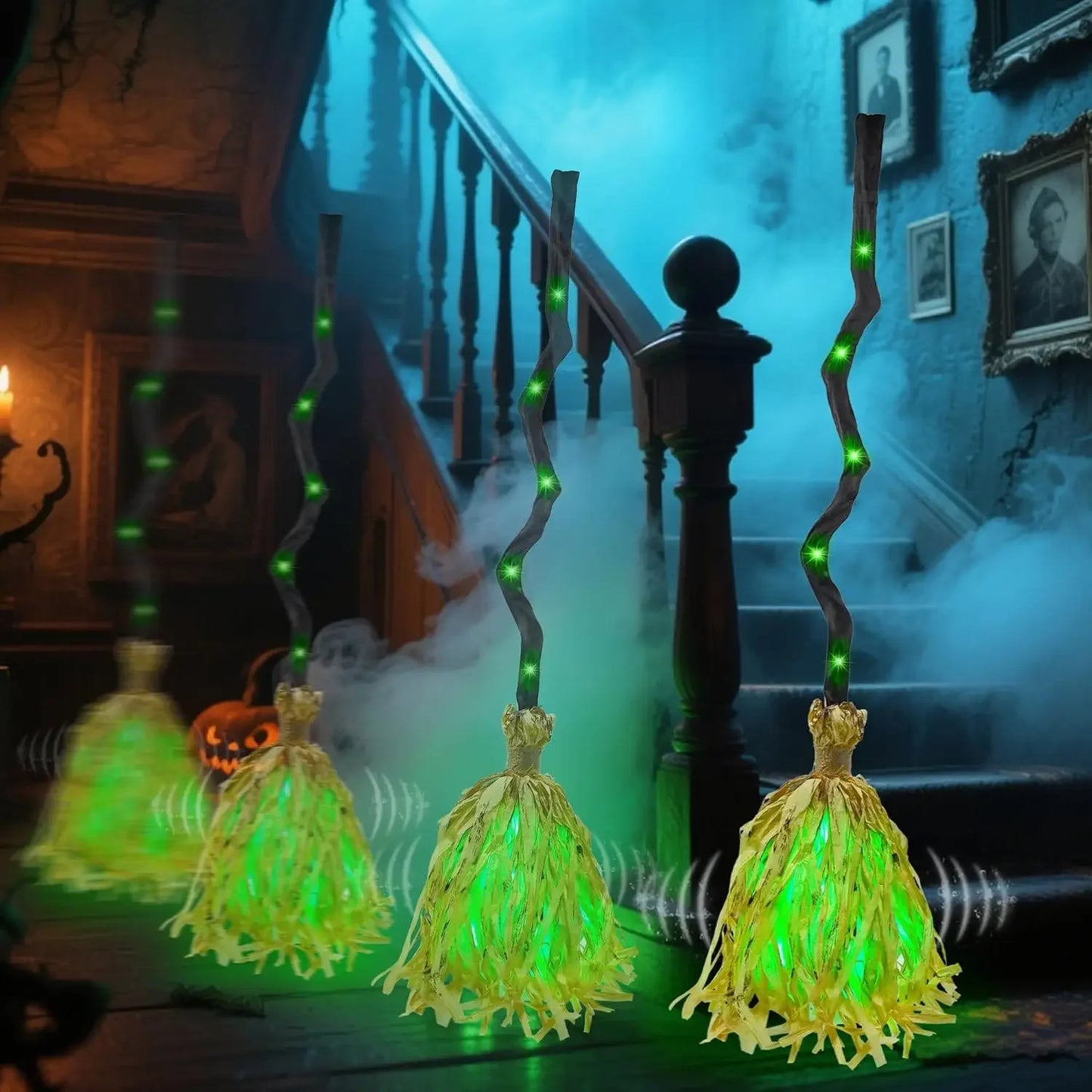1-4PCS Excellent Glowing Witch Broom with Sound and Self Jumping Action for Halloween Party Gift Decoration Indoor Celebration