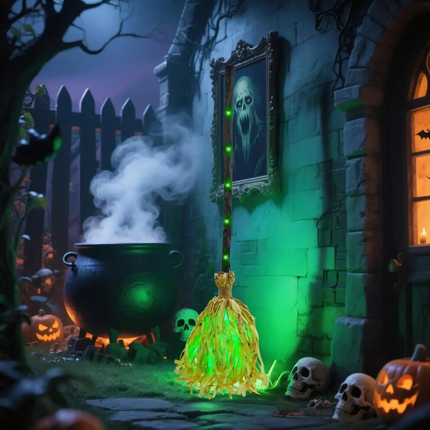 1-4PCS Excellent Glowing Witch Broom with Sound and Self Jumping Action for Halloween Party Gift Decoration Indoor Celebration